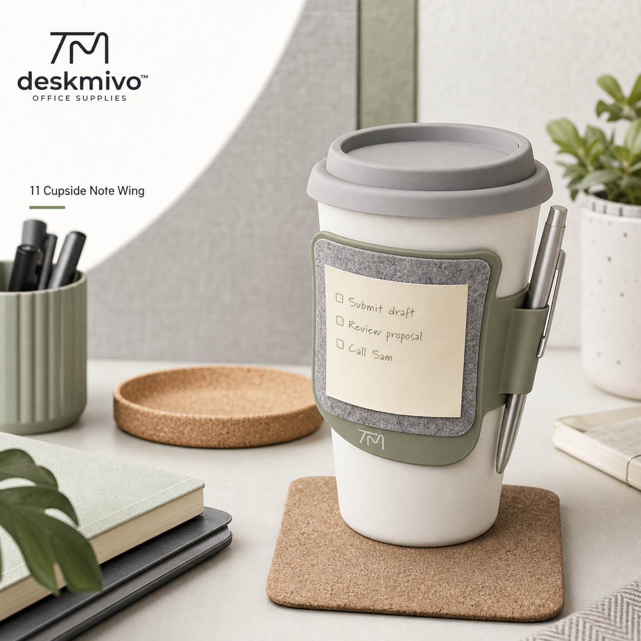 Deskmivo™ Cupside Note Wing – Reusable Cup Note Panel with Pen Holder